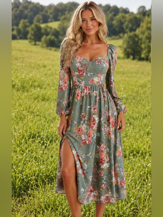 Bog Collective Dresses & Skirts - Boho floral cottage core garden party long sleeve maxi dress with slit